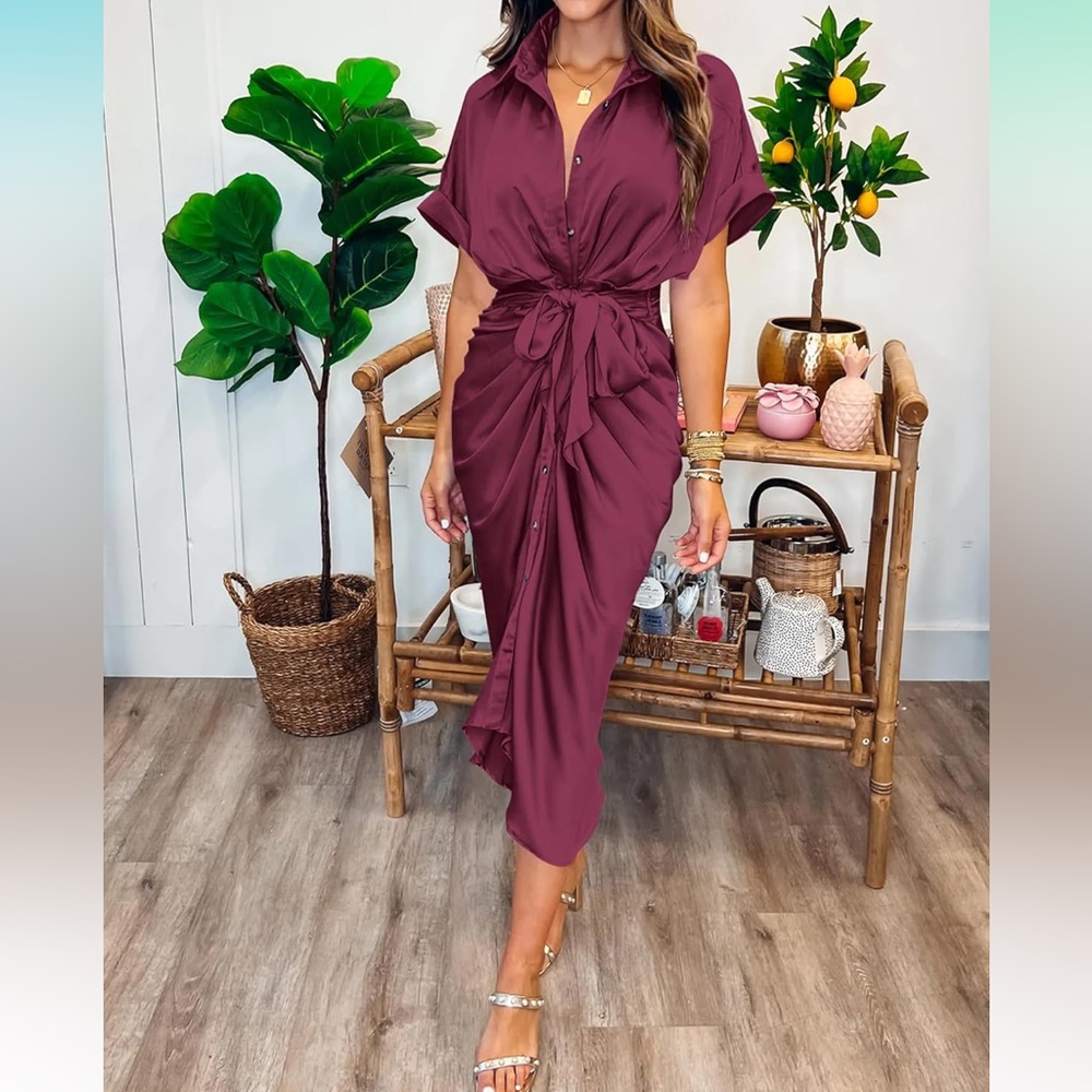 Button Down Ruched Shirt Dresses Short Sleeve V Neck Elegant Maxi Satin Dress